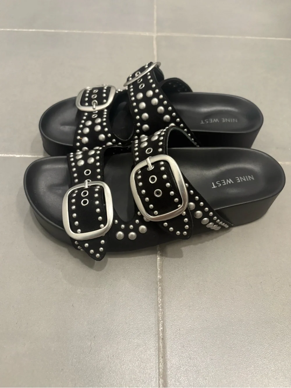 Nine West Black Studded Double-Buckle Slide Sandals